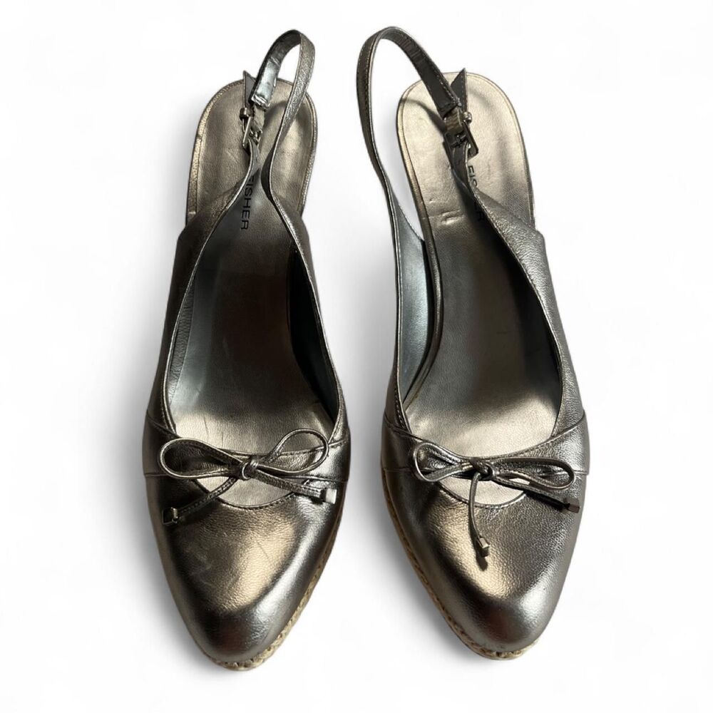 Marc Fisher silver slingbacks w/woven heels